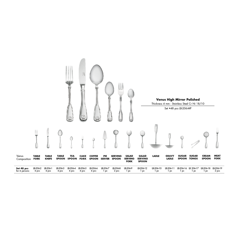 Venus High Mirror Polished 48-Piece Cutlery Set LB-206-MP.